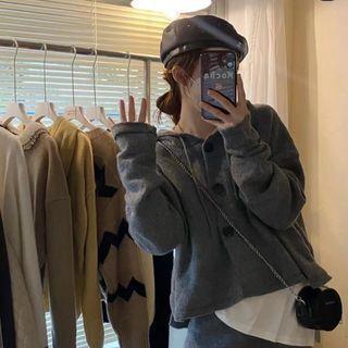 Set: Button-up Knit Hoodie + Midi Pencil Skirt Set Of 2 - Knit Hoodie & Skirt - Gray - One Size