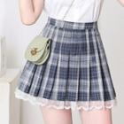 Lace Trim Plaid Pleated Mini A-line Skirt