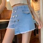 Asymmetrical Button-up Denim Mini A-line Skirt Light Blue - One Size