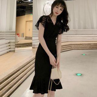 Short-sleeve V-neck Lace Plain Mermaid Dress