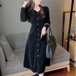 V-neck Button-up Corduroy A-line Dress