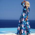 3/4-sleeve Floral A-line Maxi Dress