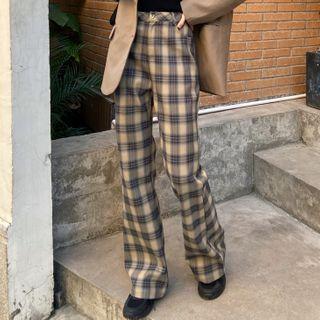 Plaid High-waist Boot-cut Pants