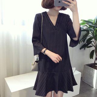 Pinstriped Elbow-sleeve Ruffle Hem Shift Dress