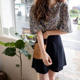 Bell-sleeve Floral Print Blouse Ivory - One Size