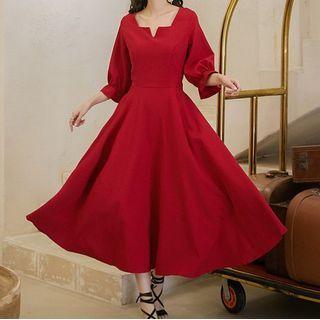 Lantern-sleeve Square-neck Midi A-line Dress