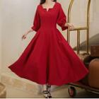 Lantern-sleeve Square-neck Midi A-line Dress