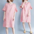 Plain Short-sleeve T-shirt Dress Pink - One Size