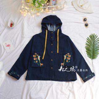 Floral Embroidered Hooded Denim Jacket