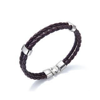 Simple Fashion Silver Geometric Double Layer Brown Leather Bracelet Silver - One Size