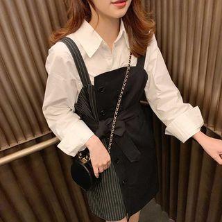 Plain Long-sleeve Shirt / Striped Asymmetric Sleeveless Dress