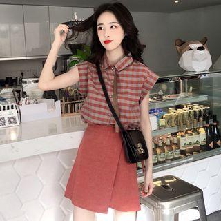 Plaid Short-sleeve Shirt / A-line Skirt