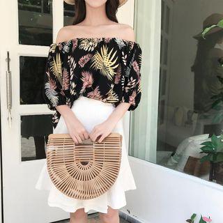 Floral Print Off-shoulder Elbow-sleeve Top