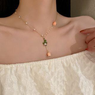 Flower Faux Pearl Pendant Alloy Necklace Necklace - Pink & Green & Gold - One Size