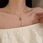Flower Faux Pearl Pendant Alloy Necklace Necklace - Pink & Green & Gold - One Size