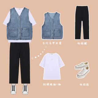 Flower Embroidered Elbow-sleeve T-shirt / Buttoned Denim Vest / Straight-cut Pants