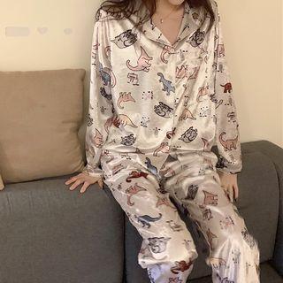 Couple-matching Set: Long-sleeve Printed Satin Shirt + Pants Set Of 2 - As Shown In Figure - One Size