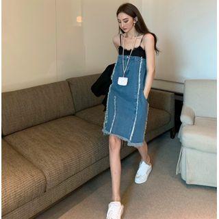 Sleeveless Lace-panel Denim Mini Dress
