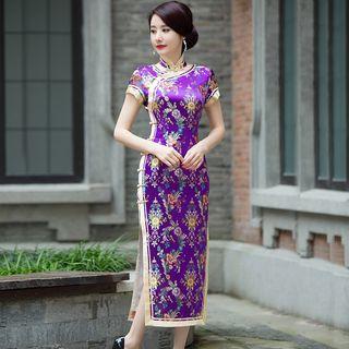 Floral Print Side Split Short Sleeve Midi Qipao