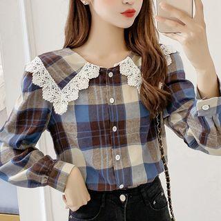 Lace Trim Collared Plaid Blouse