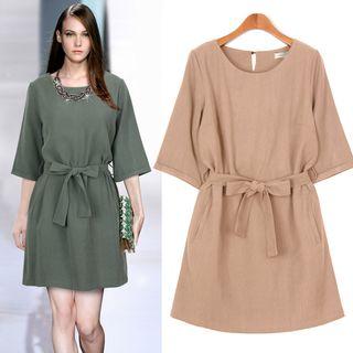 Round-neck A-line Dress With Sash