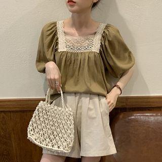 Set : Square-neck Puff-sleeve Top + High-waist Shorts