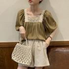 Set : Square-neck Puff-sleeve Top + High-waist Shorts