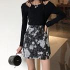 Long-sleeve Mock Two-piece T-shirt / Printed A-line Mini Skirt