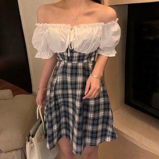 Off-shoulder Puff Sleeve Plaid Panel A-line Dress