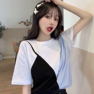 Contrast Color Striped Panel Short-sleeve T-shirt