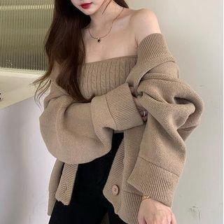 Strapless Cable-knit Top / Plain Cardigan / Set