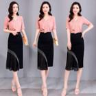 Set: Short Sleeve Bow Collar Plain Blouse + Mesh Panel Tassel Pencil Skirt