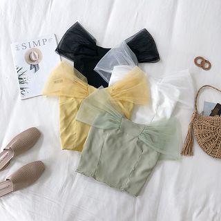 Short-sleeve Mesh Paneled Chiffon Cropped Top