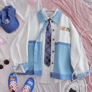 Two-tone Shirt Jacket Blue & White - One Size