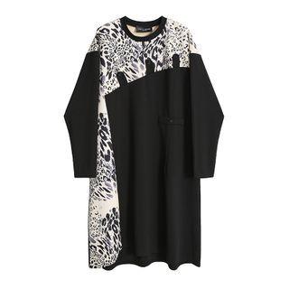 Long-sleeve Leopard Print Panel Shift Dress Black - One Size