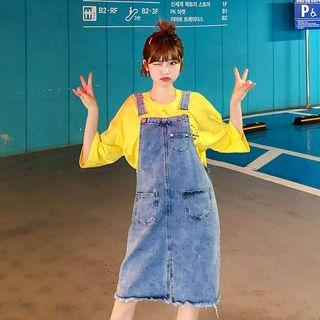 Fray-hem Denim Jumper Dress Light Blue - One Size