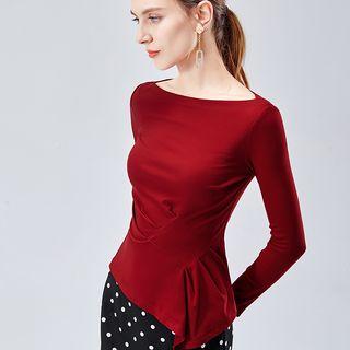 Plain Asymmetric Hem Long-sleeve Top