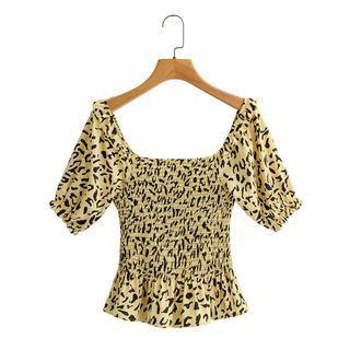 Puff-sleeve Leopard Print Crop Top