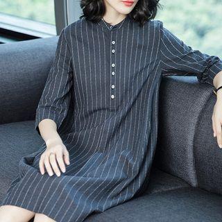 Stand Collar Loose-fit Striped A-line Cotton Dress