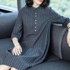 Stand Collar Loose-fit Striped A-line Cotton Dress