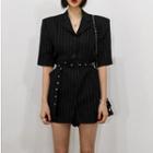 Short-sleeve Pinstriped Playsuit With Belt Stripes - Black - One Size