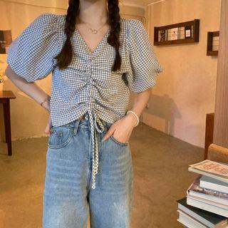 V-neck Plaid Drawstring Puff-sleeve Top