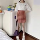 Short-sleeve Heart Embroidered Polo Shirt / Plaid A-line Skirt