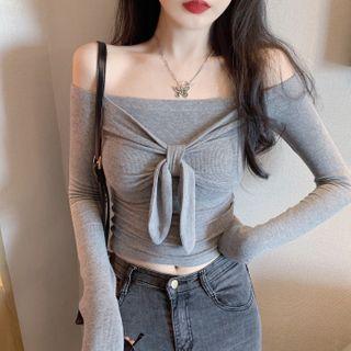 Tie-front Off-shoulder Plain Cropped Top