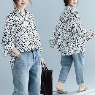 Print Lantern-sleeve Shirt White - F