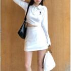 Long-sleeve Print Polo Collar Cropped Top / A-line Mini Skirt