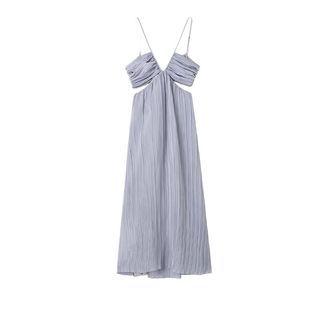 Spaghetti Strap Shirred Cutout Midi A-line Dress