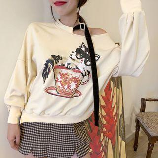 Cold Shoulder Cat Print Pullover As Shown In Figure - One Size