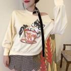 Cold Shoulder Cat Print Pullover As Shown In Figure - One Size