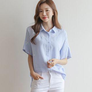 Flower-embroidered Textured Shirt